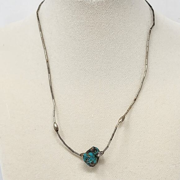 Sterling Silver Antique Vintage Genuine Raw Turquoise Necklace - Picture 2 of 6
